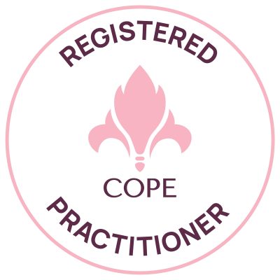 COPE Stamp Logo Registered Practitioner White