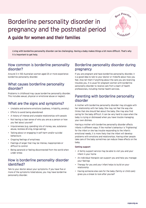 Antenatal mental health fact sheets for consumers - borderline personality disorder in pregnancy and the postnatal period